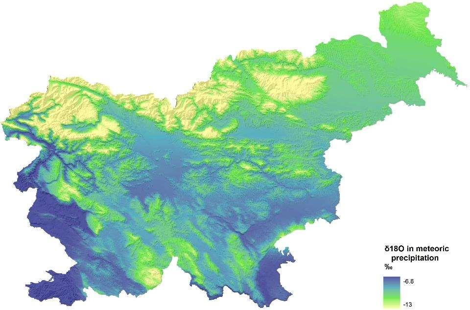 Izotopska sestava kisika v padavinah v Sloveniji (prostorski model