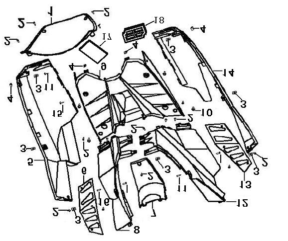 F17 FOOTREST 1 65406BN0T000 FENDER, INNER 1 2 B05074201605 TAPPING SCREW4.2X16 18 3 65801BMAT000 CLIP NUT 11 4 65802BMAT000 CLIP NUT 4 5 65409J5BTB40 R.