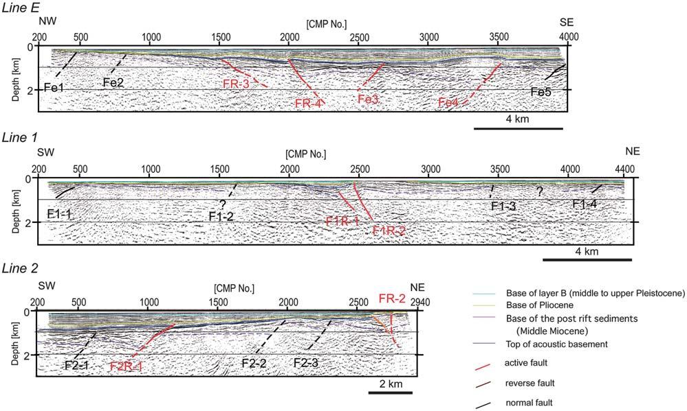 ,**1 Fig.,/. Geologic interpretation of the seismic sections Line E, Line + and,. Fig.,0.