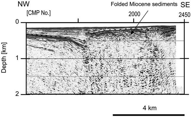 Fig.,1. Blowup of the seismic section of Line C, showing the late Miocene shortening deformation. 3/.,**1,**1 : 2,,-1,/..,**1,**1 11 0 /0, /00.,**1,**1 2, -*+ -+,. +32, / + +,+ p. Itoh, Y. and Y.