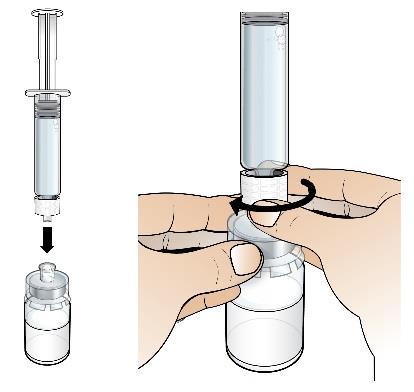 6. Držeći bočicu na ravnoj površini, spojite napunjenu štrcaljku s vodom za injekcije na nastavak za bočicu: uhvatite nastavak za bočicu za vanjski rub jednom rukom, a drugom zakrećite vršak
