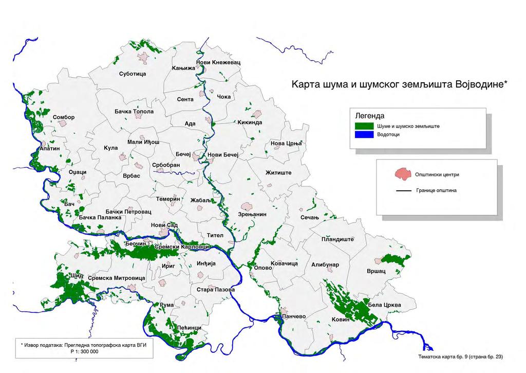 Шуме уз водотоке и ОКМ су у функцији заштите обала и водопривредних објеката од штетног дејства високих вода. Ове шуме чине углавном меки лишћари.
