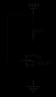 ZADATAK 38. a) Odrediti vrednost otpornosti otpornika R D tako da napon na drejnu NMOS tranzistora bude V D =0.1V. Poznato je V DD =5V, V T =1V, k=1ma/v 2.