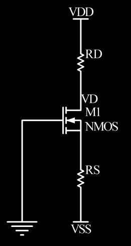 ZADATAK 41. Odrediti vrednosti otpornosti otpornika R D i R S tako da je struja drejna I D =0.4mA i V D =+0.5V. NMOS tranzistor ima napon praga V T =0.7V, µ n C ox =100µA/V 2, L=1µm, W=32µm.