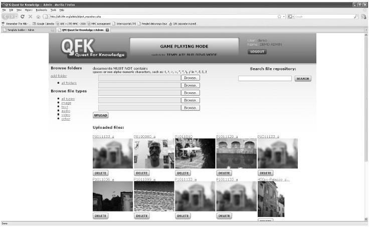 Slika 35: Repozitorij multimedijskih gradnikov QFK [45] Multimedijska vsebina iger in multimedijski gradniki so opisani s pomočjo meta podatkov, ki so skladni s standardom LOM (Learning Object Model).