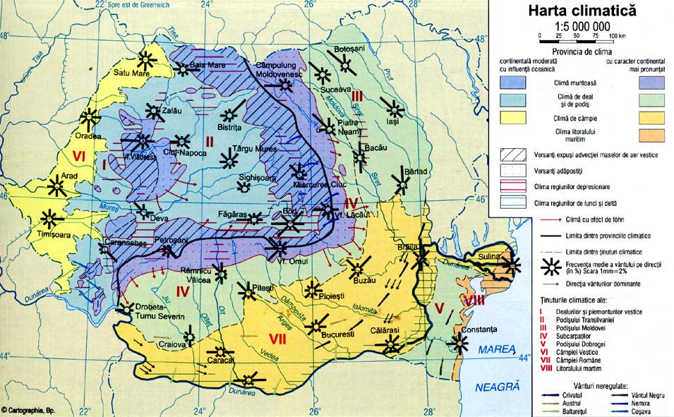 Figura 2 Harta climatică a României Influențele Mării Negre se resimt prin toamne lungi și călduroase și prin primăveri târzii și răcoroase.