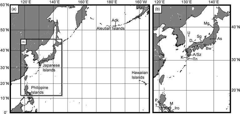 276 /+ + a Adk : b Iro : M : T : P : Tn : K : ASz : D : Sg : Bw : As : Mg : Fig + Index maps (a) Map showing location of Philippine Islands toaleutian Islands Rectangle indicates area of Japanese