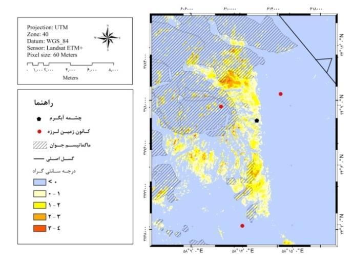 141 شناسایی پتانسیلهای زمینگرمایی با استفاده از روش سنجش از دور حرارتی در خراسان جنوبی درجهی سانتیگراد باالتر از میانگین دیده میشود شکل )٣(.