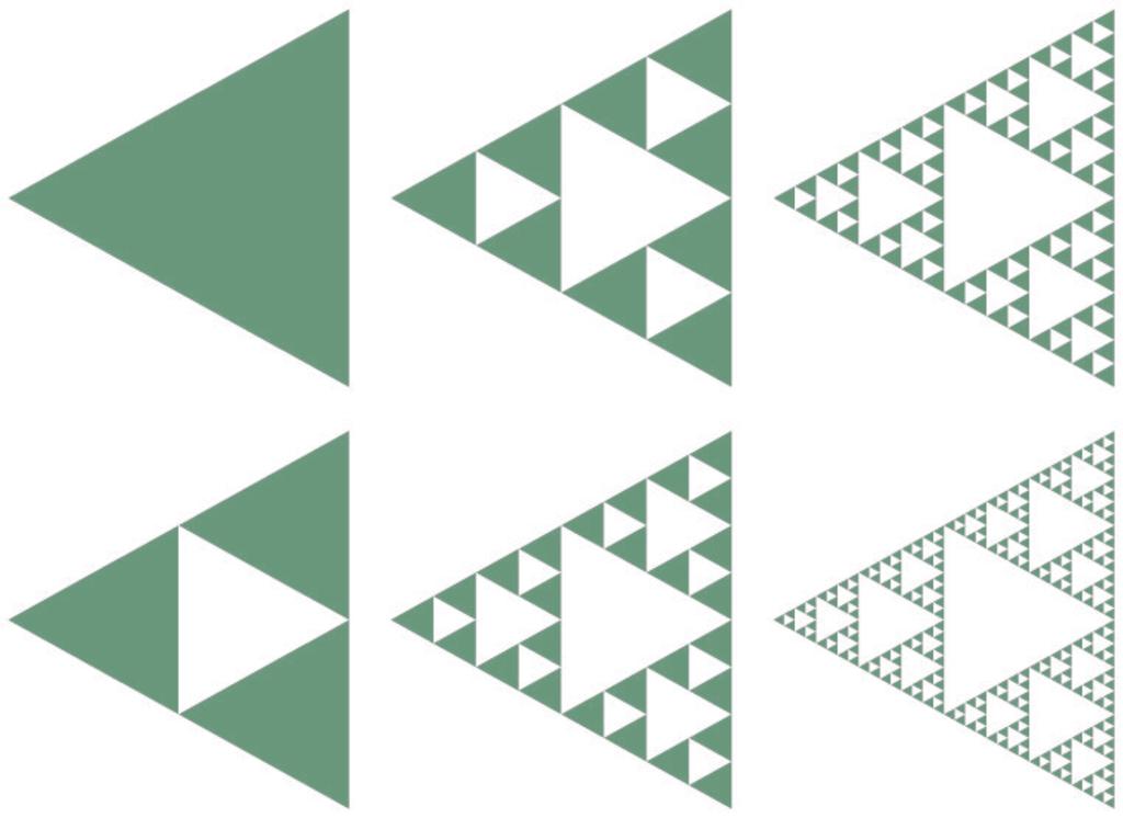 12 Fraktali Trikotnik Sierpinskega (1) Začnemo z enakostraničnim trikotnikom. Povežemo razpolovišča stranic in izločimo tako nastali srednji trikotnik brez njegovega roba.