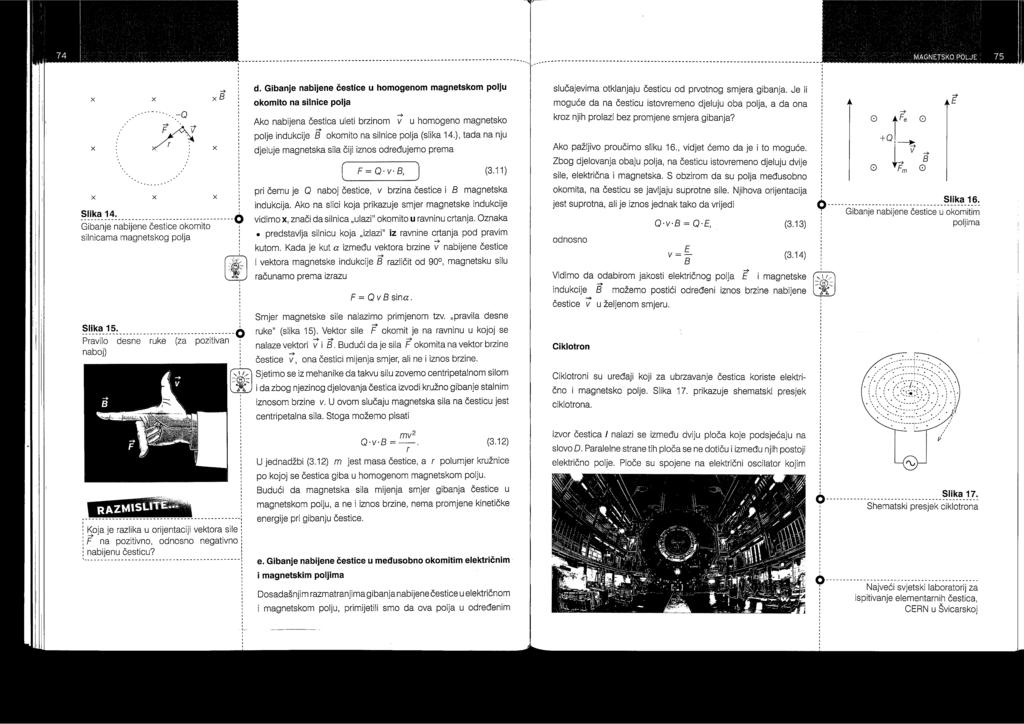 Gibanje nabijene čestice u homogenome magnetskome polju Na slici 9. vidimo primjer gibanja negativno nabijene čestice okomito na silnice homogenog magnetskog polja. Slika 9.