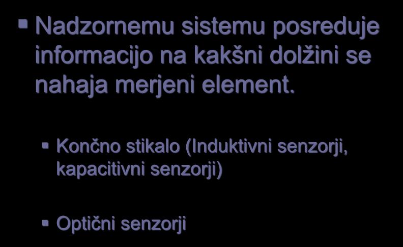 SENZORJI ODDALJENOSTI Nadzornemu sistemu posreduje informacijo na kakšni dolžini se nahaja