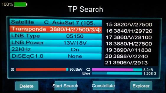 4.2.1 Vyhľadávanie Transpondéra Hlavné Menu-> Satelit -> Vyhľadávanie Transpondéra Stlačte OK zadajte vyhľadávanie TP, vyberte satelit, na tomto obrázku, môžete tiež odstrániť, presunúť a