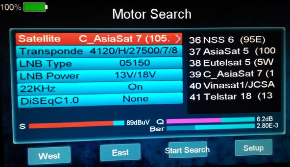 5 Vyhľadávanie s Motorom Hlavné Menu-> Satelit -> Motor Stlačte OK, zadajte vyhľadávanie s Motorom, vyberte satelit a niektorý transpondér, ak sa zobrazí sila a kvalita signálu na indikátoroch,