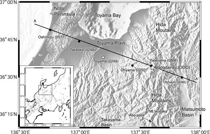 Fig. +. Index map of Jododaira and GEONET stations used in this paper. Solid line (A-A ) indicates location of profile line in Fig. 0.,,**- +**. -,*** m GPS +331 ;,*** +332 2 +,*** +33.