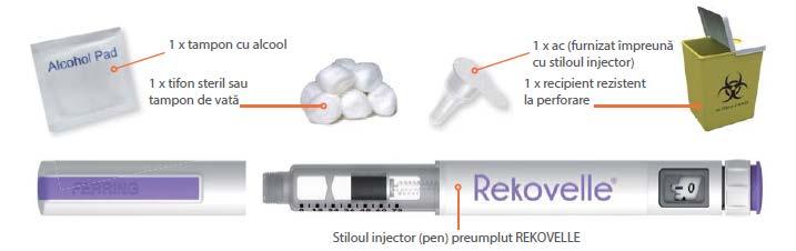 Informații despre stiloul injector (pen) preumplut REKOVELLE Stiloul injector poate fi setat pentru a administra doze de la 0,33 micrograme până la 20 micrograme de REKOVELLE, cu creșteri ale dozei