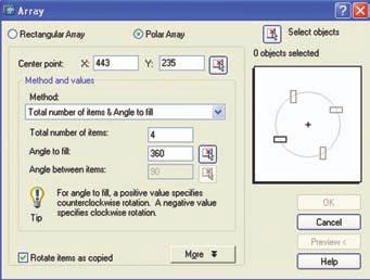 :Polar Array چنان چه بخواهیم اجزای کپی شده به صورت شعاعی یا قطبی قرار گیرند این گزینه را از پنجرۀ Array فعال می کنیم.