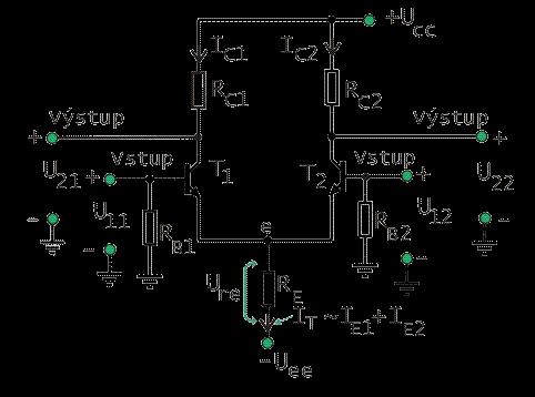 jednosmerných alebo striedavých napätí - diferenčný zosilňovač. Je to v základnom variante zosilňovač s emitorove viazanými tranzistormi - s 2 vstupmi a 2 výstupmi.