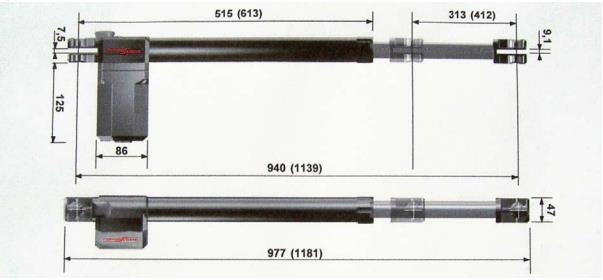 Konštrukčné rozmery TURN 100, v zátvorke TURN 200 Rozmery sú uvedené v mm. Telo statoru zhodné pre všetky typy (rozdielne len dĺžky piestnic) Obr.
