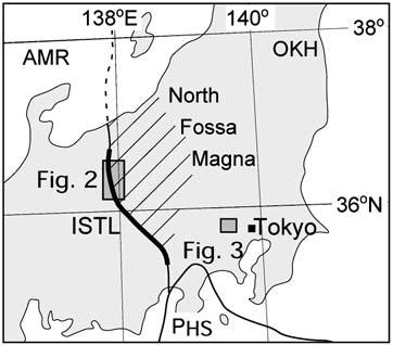 +33+ +333 ; +33+ +3 +333 ; Takeuchi,,** Elouai et al,,**; Sato et al,,** ab Ikami et al, +320 ; +321; Fig + Index map of the Itoigawa-Shizuoka tectonic,***;,**+,**1ab; Elouai et line (ISTL), Omine