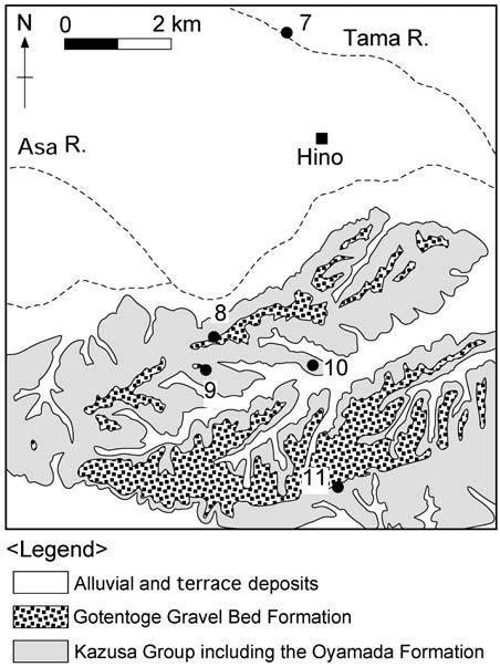 Fig - Geology of the west Tama Hills and sampling sites for the Horinouchi, Tu# Geologic map is simplified after Takano ( +33 ) 1 ++ are the sampling sites for the Horinouchi, Tu # Fig Geologic