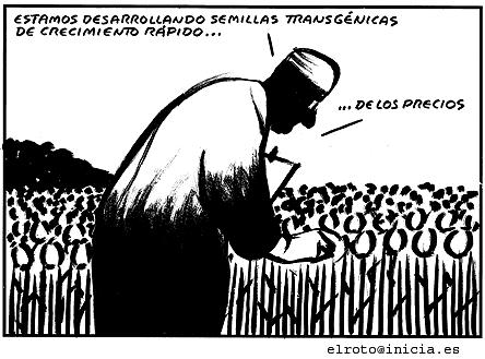 Riscos dos transxénicos sobre a economía Unhas poucas multinacionais poden monopolizar a produción de sementes, facendo aos agricultores dependentes dos seus intereses.