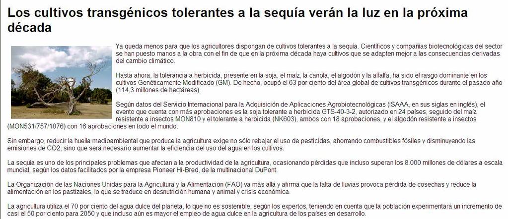 Beneficios dos transxénicos nicos Maior resistencia á seca Plantas tolerantes á sequia http://www.