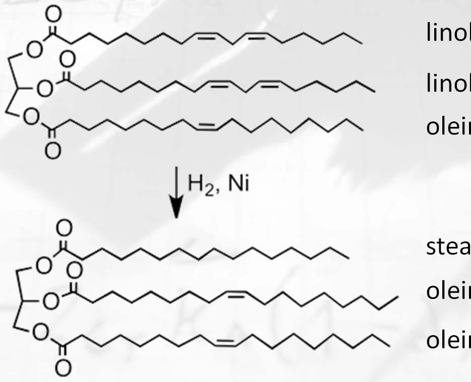 Kemijske reakcije alkenov Hidrogeniranje se uporablja za pridobivanje trdnih margarin iz tekočih olj. Ko se število dvojnih vez zmanjšuje, se zvišuje temperatura tališča.