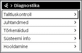 54 Hooldusmenüü 1.9 Diagnostika menüü Joon. 47 Diagnostika menüü Hooldusmenüü Diagnostika sisaldab hulka diagnostikatööriistu. Pidage meeles, et paigaldatud süsteem määrab kindlaks kuvatud valikud. 1.9.1 Funktsioonide testi menüü (käsitsirežiim) Selle menüü abil saab testida küttesüsteemi aktiivseid komponente.