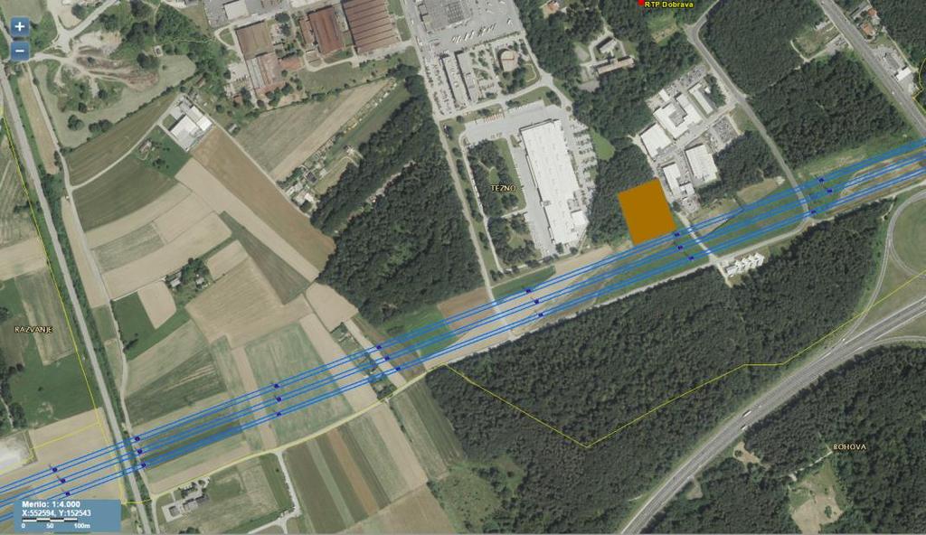 Slika 21: Prikaz poteka DV ob južni meji OPPN (vir: ELES) Širina varovalnega pasu 24 elektroenergetskih koridorjev daljnovodov (17.