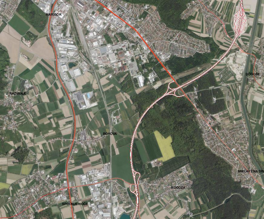 Slika 10: Prikaz cestnega omrežja OPPN južna vpadnica v MB (R2) Ptujska cesta (G1) AC odsek MB (Ptujska)- Rogoza Neposredno Z ob coni poteka železnica-glavna proga E 67 Zidani Most MB državna meja z