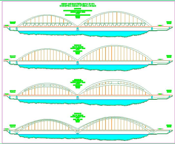 Razmatrane varijante sistema konstrukcije mosta Luk+rešetkasta greda. Rešetka element kog nema u urbanističkim uslovima. Odbačeno. Luk sa zategom.
