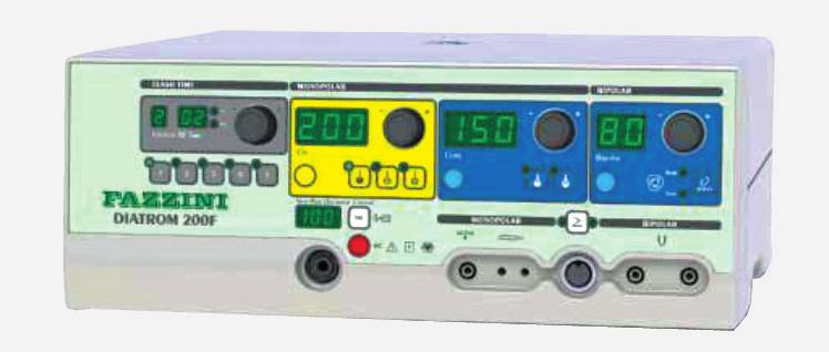 Mod de lucru: tăiere, tăiere-coagulare, coagulare bipolară, microcoagulare Putere:80-160 W (în funcție de model) Frecvență: 600 khz Rezistență: 400 Ohm Dimensiuni:254 x288 x104 mm Greutate:5 kg