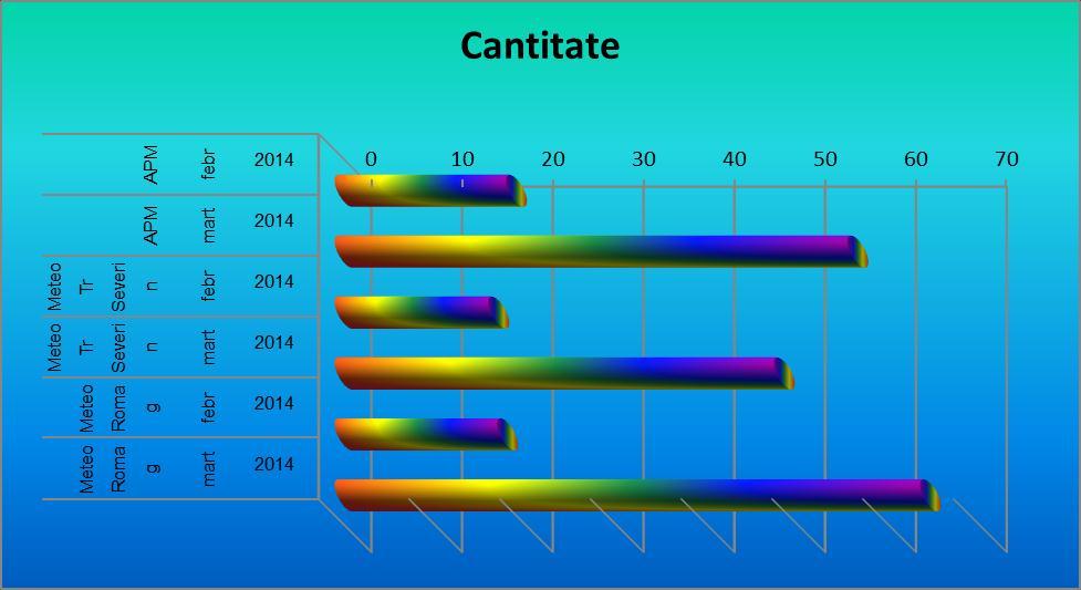 Precipitaţii Punct prelevare Luna APM Dr.Tr. Severin februarie APM Dr.Tr. Severin martie Meteo Tr Severin februarie Meteo Tr Severin martie Meteo Romag februarie Meteo Romag martie Cantitate 18.88 56.