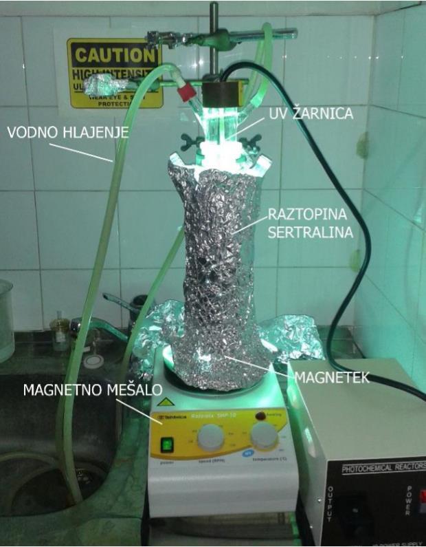 Eksperimentalni del fotokemični reaktor z dvojno steno iz borosilikatnega stekla srednjetlačna UV živosrebrna svetilka (UV in Vis območje)