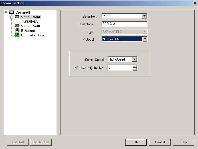 6.2 Configuración das comunicacións Comm. Setting para a PT un. - En Serial Port definimos o elemento físico de quen recibe información a pantalla. - En. Host Name definimos o porto da pantalla por onde imos comunicar o PLC.