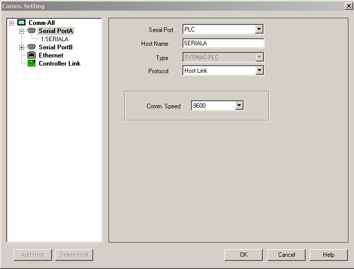 6.2- Definir a configuración das comunicacións Comn. Setting. - En Serial Port : defínese o tipo de dispositivo de onde se van recollendo os datos. Neste caso será un autómata programabel.