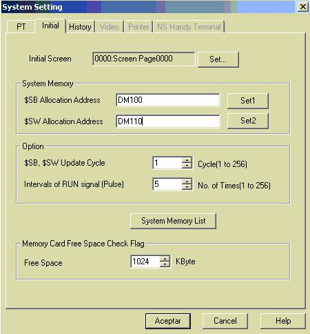 6.3- Áreas de memoria do PLC que van a xestionar a pantalla System Setting Definir a Memoria do Sistema (System Setting) as seguintes direccións: - En $SB Allocation Address, memoria de bits do