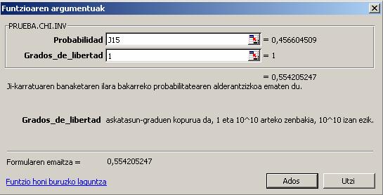 Bi aldagaiko analisia -- Excel-en PRUEBA CHI INV funtzioa erabiliz: Probabilidad: aurreko funtzioa erabiliz lortutako balioa