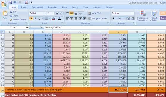 148 PART III MODULE 4 SESSION 2 HOW TO MEASURE AND MONITOR CARBON A SIMPLE GUIDE Ở dưới cùng của bảng, tạo lập một hàng chữ Tổng sinh khối cây và carbon cây trong ô mẫu - Tree carbon and CO