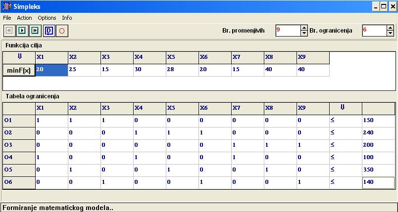Izberete minimum funkcije in aktivirate program. Dobite optimalno rešitev: = 0, = 40, 5 = 40, 7 = 00, 8 = 00. Ostale spremenljivke, ki niso izpisane, imajo vrednost 0.