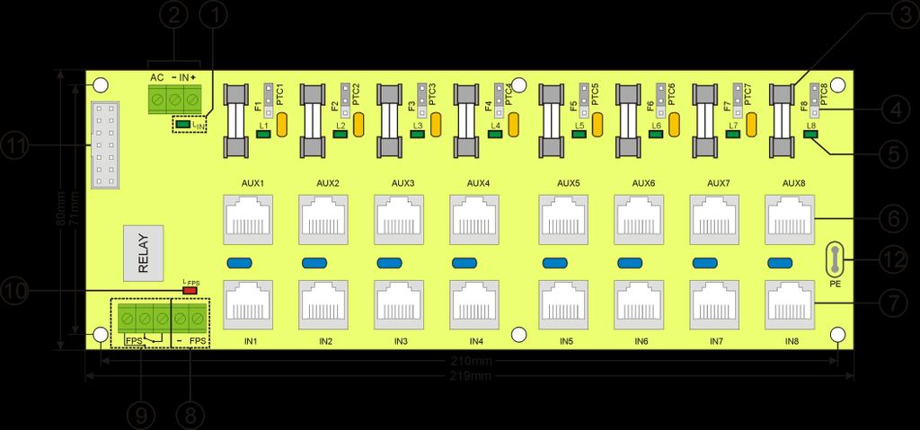 Obr. 2. Rozmiestnenie prvkov. Číslo prvku [Obr. 3] [1] Modul pulzného zdroja Obr. 3. Rozmery zdroja.