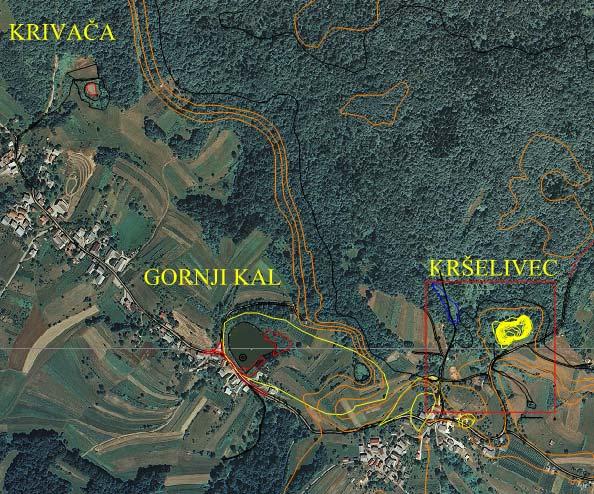 Slika 2: Lokacije kalov na območjih vasi Hrast pri Vinici in Perudina. Na sliki 2 je prikazana lokacija kalov na ortofotoposnetku.