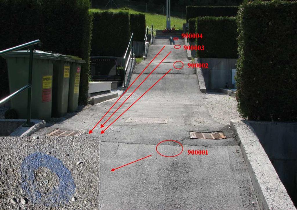 7 s katerih se izvajajo meritve na kontrolne točke. Te točke so bile stabilizirane v asfalt s klinom dolžine 5 cm (slika 6).