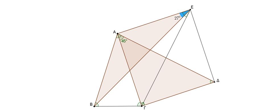 Πρόβλημα Στο διπλανό σχήμα το τρίγωνο ΑΒΓ είναι ισοσκελές με και ˆ ˆ. Το τετράπλευρο ΑΓΔΕ είναι τετράγωνο. (α) Να βρείτε πόσες μοίρες είναι η γωνία ˆ.