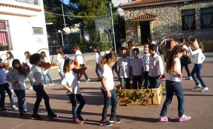 Οι τάξεις Δ και ΣΤ παρουσίασαν παραδοσιακές εργασίες των κατοίκων της περιοχής, όπως το πάτημα των σταφυλιών σε ένα αυτοσχέδιο πατητήρι.