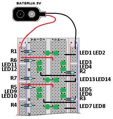 Popis potrebnih elemenata LED1 LED14 Ø5 mm, zelene 14 Svjetleće diode R1 R7 390 Ω - ¼ W 7 Otpornici Baterija 9 V 1
