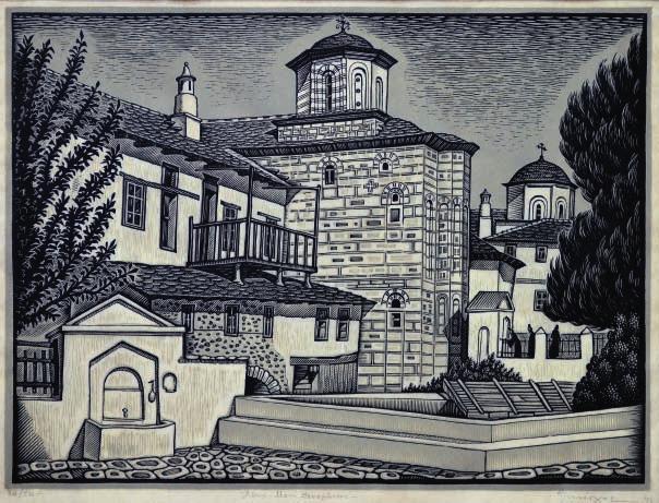 489 ΜΟΣΧΟΣ, Γεώργιος. Ἄθως - Μονή Ξενοφῶντος. 1955. Δίχρωμη ξυλογραφία σέ ὄρθιο ξύλο, 285 x 385 mm.