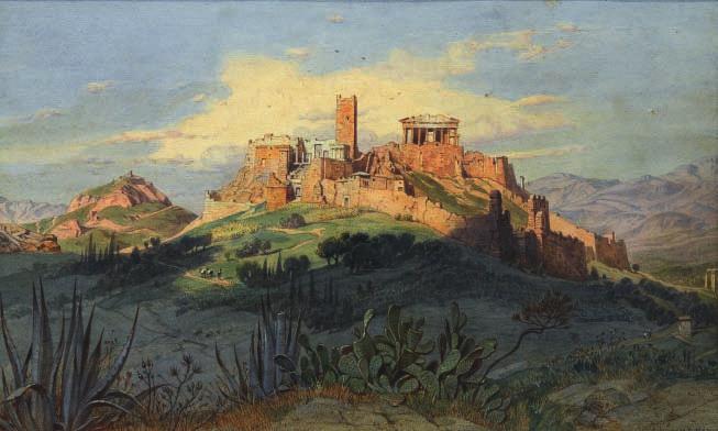 429 429 WERNER, Carl, 1808-1894. Ἄποψη τῆς Ἀκρόπολης ἀπό τά δυτικά. Ὑδατογραφία σέ χαρτί, 270 x 450 mm. Ὑπογεγραμμένη καί χρονολογημένη κάτω δεξιά: «C. Werner f.