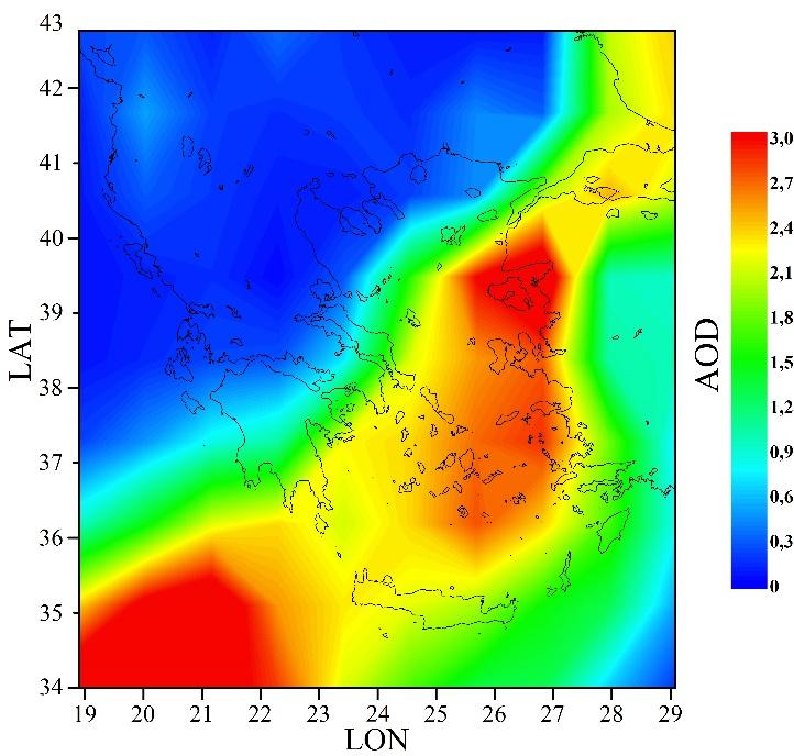 Χωρική κατανομή του θειικών σωματιδίων (μg m -3 ), κατά το ατύχημα φωτιάς στον Ασπρόπυργο στις 09/06/2015 (μέση ημερήσια τιμή), μέσω