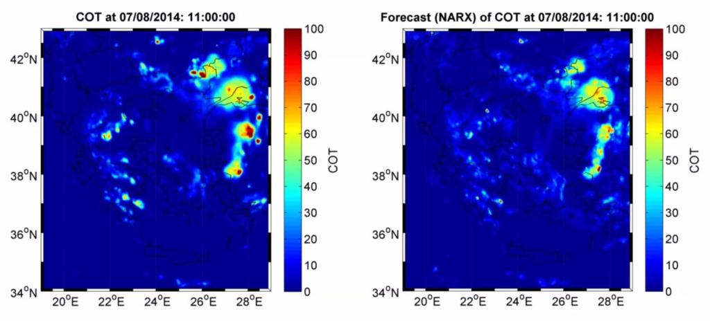 Χάρτης ποσοστιαίας εξασθένισης της ηλιακής ενέργειας από το επεισόδιο σκόνης της 1 ης Φεβρουαρίου 2015 (δεξιά). Το ίδιο επεισόδιο σκόνης αποτυπωμένο από τον πολικής τροχιάς δορυφόρο Aqua (αριστερά).